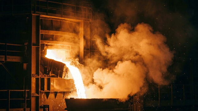 Hot liquid metal pouring from industrial furnace into casting ladle, illustrating heavy industry and steel manufacturing.