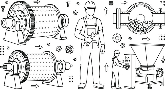 Industrial Ball Mill and Grinding Machinery Vector Set Featuring Factory Workers, Rotary Drums, Crushing Equipment, and Control Panels for Manufacturing Blueprints