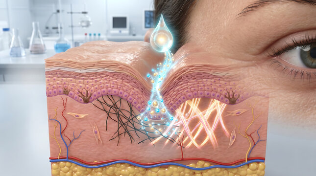 Wrinkle treatment skin layer cross section illustration with female eye and serum dropper repairing collagen fibers for anti aging skincare ad.