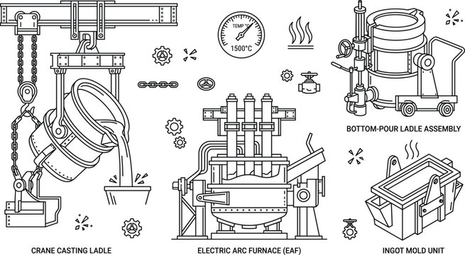Industrial Metallurgy and Steel Foundry Vector Set Featuring Electric Arc Furnace, Crane Casting Ladle, Ingot Mold Unit, and Smelting Equipment for Manufacturing Blueprints