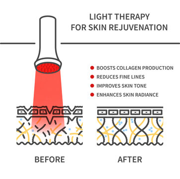 Red light therapy outline skincare comparison with tissue panels for healing and collagen boost. Line vector illustration.