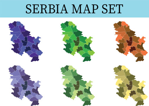 Serbia Map Set with Six Color-Coded Administrative District Variations in Purple, Green, Orange, Blue, Dark Green, and Yellow Tones on White Background