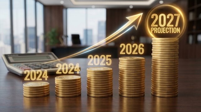 Financial growth concept with stacks of gold coins representing increasing profit and revenue projections from 2024 to 2027