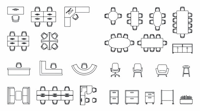 Office furniture floor plan icons, architectural top view workspace symbols, modern desk and chair vector set for interior design layouts
