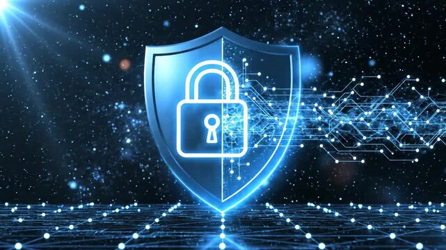 Digital security shield with padlock and glowing circuit board network on a dark background.