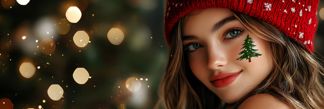 A beautiful young woman wearing a festive red winter hat with Christmas makeup smiling cheerfully bokeh background
