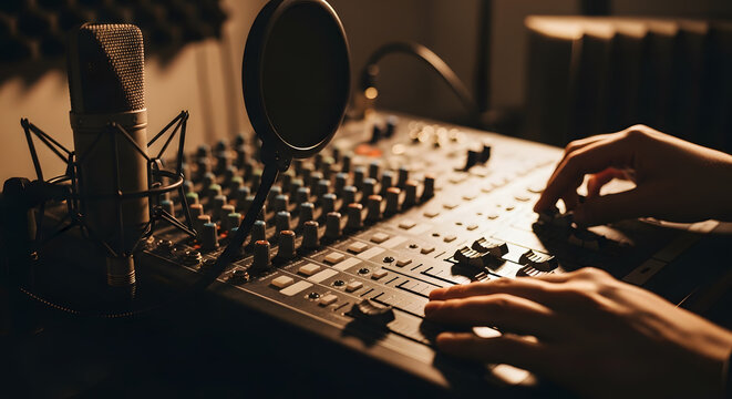 Sound engineer hands adjusting faders on a mixing console in a recording studio