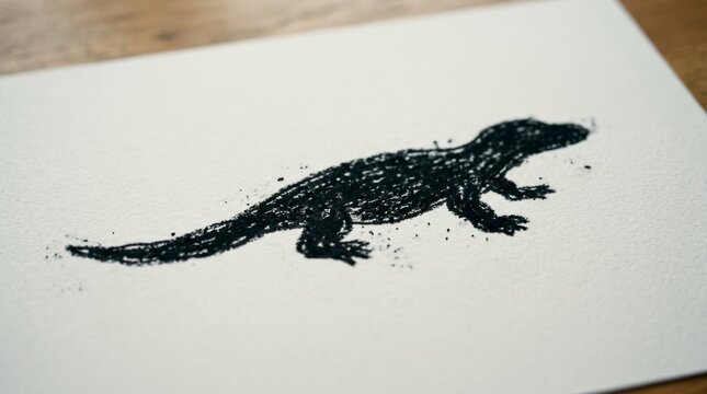 Black ink drawing of a lizard on white paper.