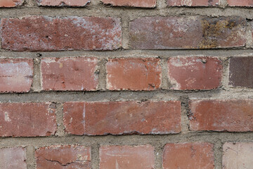 Fototapeta premium A close-up view of an old, weathered red brick wall showing texture and mortar details.