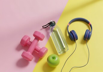 Colorful Fitness Accessories Arranged on Pink and Yellow Background