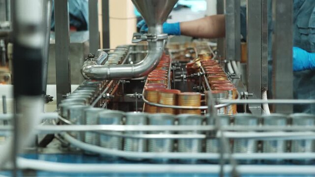 Close-up, automated conveyor belt machine with sardine fish in tomato sauce, filling in can, prepared for instant food production industry, sterile hygiene warehouse, manufacturing factory process.