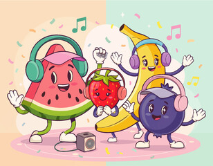 Naklejka premium A vibrant and joyful celebration featuring adorable cartoon fruits dancing energetically with headphones and confetti, embodying a lively music party atmosphere