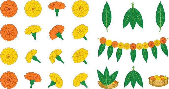 Traditional Indian Marigold Flower and Mango Leaf Toran Garland Vector Set with Genda Phool Blossom Bowls for Diwali Festival Decoration Designs
