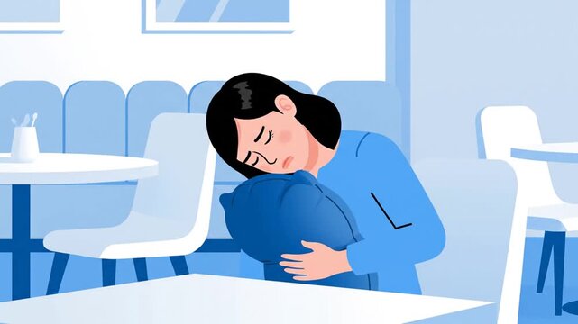 A Woman Experiencing Sadness and Grief In A Cafe Holding A Pillow Depicting Distress