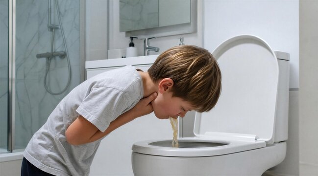 Young boy vomiting into a toilet bowl in a bathroom setting