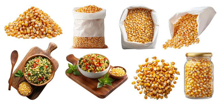 Set of corn maize grains kernels vegetable fruit, serving board with salad, craft paper bag pouch, jar container, stack pile, transparent cutout PNG. mockup for design