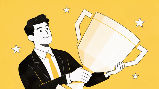 Confident entrepreneur celebrates monumental success, proudly holding a shining gold trophy, symbolizing smart strategy, strategic foresight, and the realization of ambitious business goals