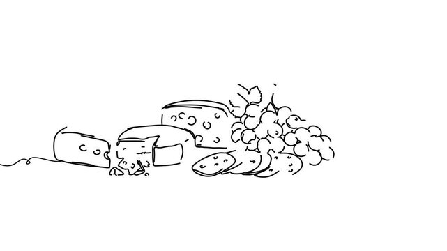 Animation of line drawing of cheese board with various kinds of cheese, grapes and crackers, elegant culinary.