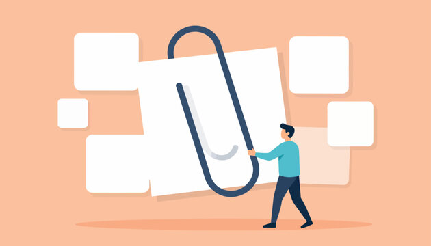 Vector illustration of a person attaching a clip to a document, symbolizing organization and task management with a minimalist design on a peach background