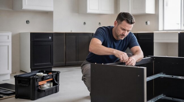Professional Carpenter Assembling Kitchen Cabinets for Renovation