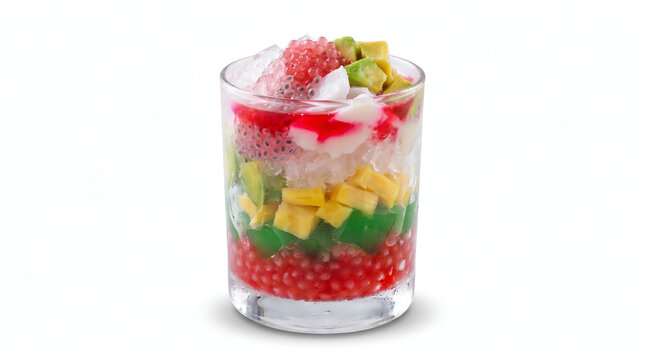 Refreshing es oyen Indonesian iced dessert drink isolated on white background with fruit, jelly, milk, and ice, ideal for beverage menus, ads, and food delivery design.