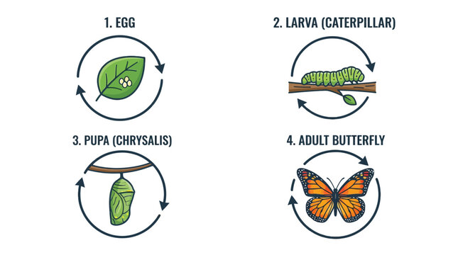 Vibrant illustrated diagram detailing the complete four-stage life cycle of a butterfly, from egg to larva, pupa (chrysalis), and its final emergence as a beautiful adult