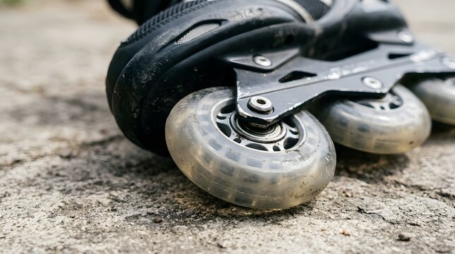 Close Up View of Black Inline Skate Wheels and Frame on Rough Concrete Ground Outdoor