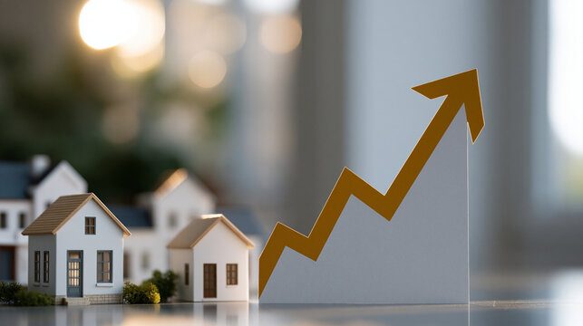Miniature residential buildings arranged on a reflective surface beside rising graph cutouts, creating symbolic still life of housing market inflation, property value surge, real estate speculation,