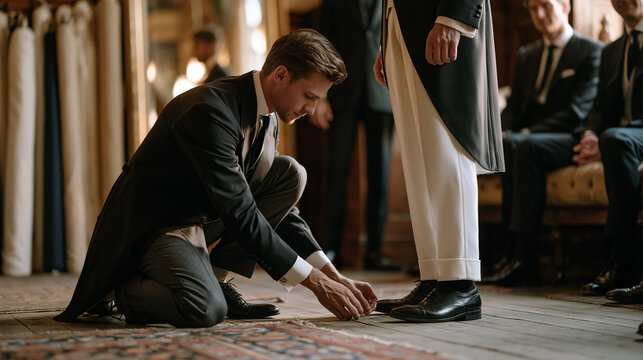 Master tailor kneeling on a workshop floor pinning the hem of a groom's morning suit while two groomsmen observe from a tufted bench, bolts of fine suiting fabric stacked behind a full-length mirror