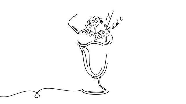 Animation of line drawing of an ice cream sundae with toppings.