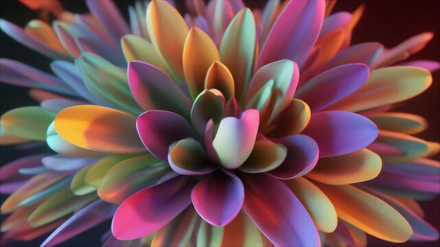 Abstract 3D flower explosion with fluid petals, symbolizing organic motion, vivid gradients, and artistic design visualization.
