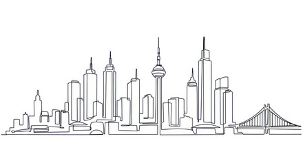 Minimalist continuous line drawing of a modern city skyline with skyscrapers and bridge © edur