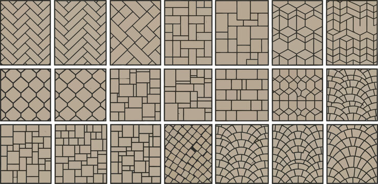 Collection of various paving patterns and cobblestone layouts for architectural landscaping design and outdoor flooring construction vector illustration
