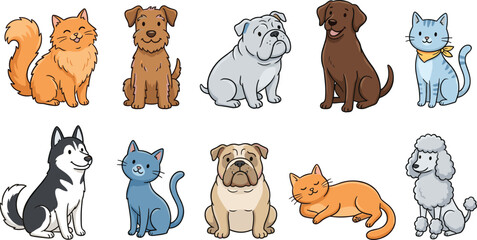 Cute cartoon dogs and cats vector set with different domestic pet breeds isolated on white background (16 words) © Aysha