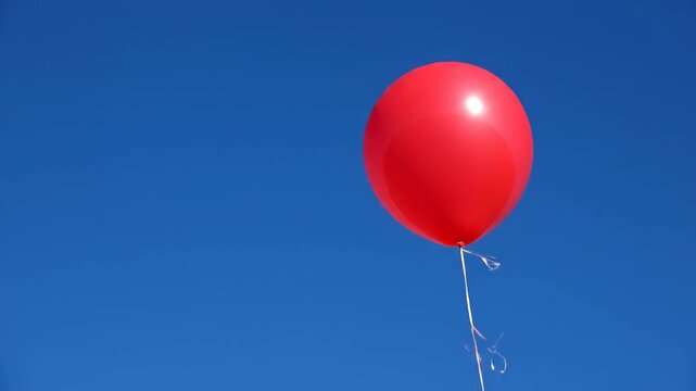 Single Bright Red Balloon Floating with String in Clear Blue Sky