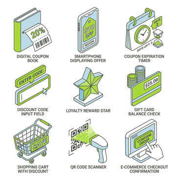 Isometric E-commerce Discount and Coupon Icon Set for Online Shopping and Marketing