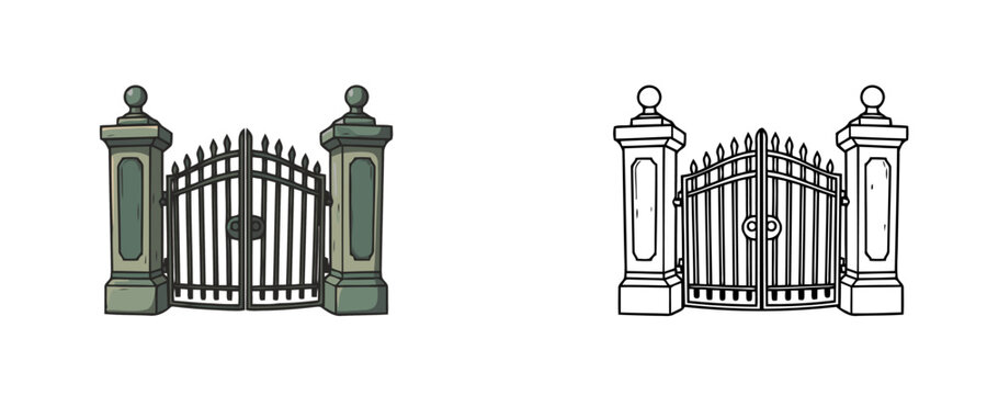 Vector cartoon illustrations of gothic forged cemetery gates in flat colored and black line styles with grey and dark green colors used for entry to a graveyard