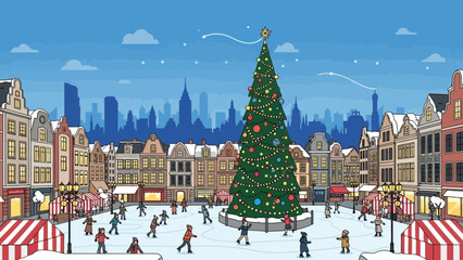Festive Christmas Tree in Town Square with Ice Skaters. © Jepry