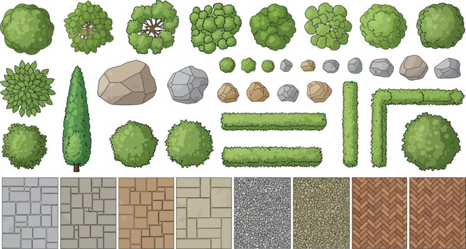 Landscape design elements set with top view trees bushes rocks and paving patterns for garden planning vector illustration