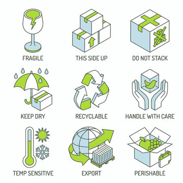 Shipping and Packaging Instruction Icon Set - Isometric Logistics Symbols for Fragile, Perishable, Recyclable, and Export Goods
