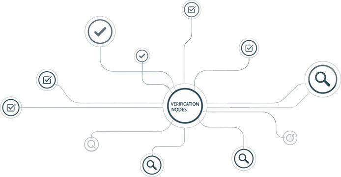 Verification Nodes Network Diagram Vector Illustration with Checkmark and Search Icons Showing Data Validation Connection on White Background