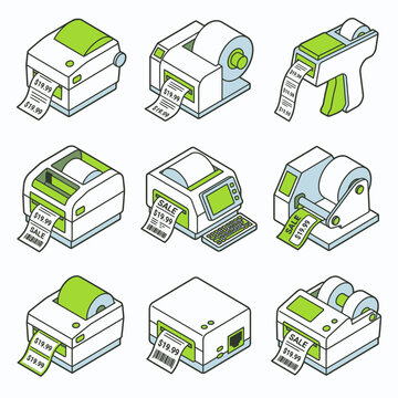 Isometric Label Printer and Barcode Machine Icons for Retail, Logistics, and Warehouse Management