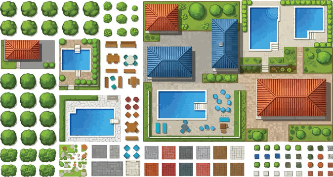 Top view architectural landscape design elements including houses swimming pools trees and garden furniture for map creation vector illustration