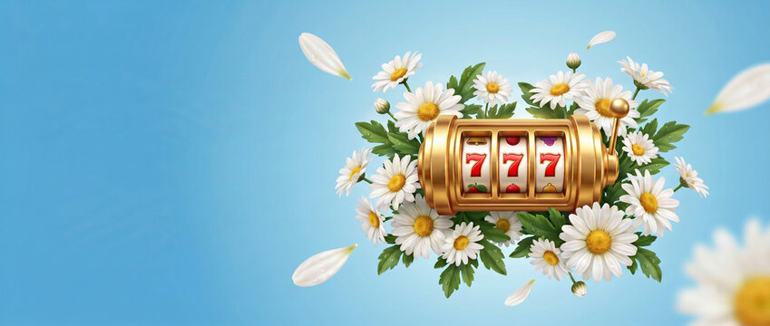 Generative AI backdrop for casino with slot machine 777 jackpot among white chamomile flowers on a light blue background. Long horizontal banner of luck and victory for advertising creatives mock up