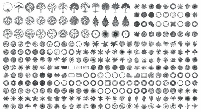 Minimalist landscape architecture tree symbols, black and white overhead view garden plan icons, professional site mapping vector set