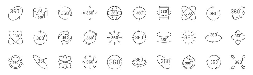 Fototapeta premium 360 degrees view icon set. Rotation icons in line style. Editable web icons virtual reality, panoramic view, arrows etc. Vector illustration.
