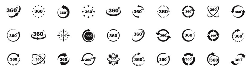 360 degrees view icon set. Rotation icons. Web icons virtual reality, panoramic view, arrows etc. Vector illustration. © TMvectorart