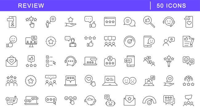 Review icon set. Feedback icons in line style. Editable web icons customer feedback, experience, opinion, questionnaire, poll, satisfaction etc. Vector illustration.