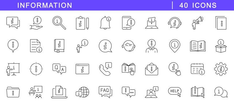 Information icon set. Info icons in line style. Editable web icons instruction, info center, guide, inform, reference, help etc. Vector illustration.