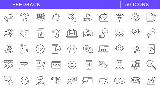Feedback icon set. Customer satisfaction icons in line style. Editable web icons review, experience, opinion, questionnaire, poll, satisfaction etc. Vector illustration.